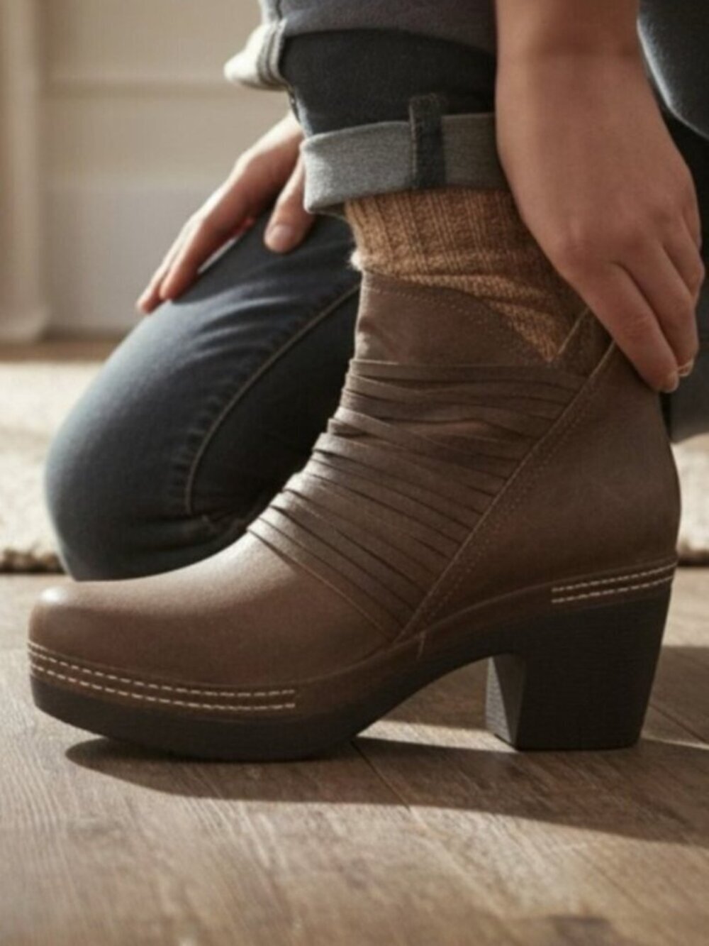 Antelope 934 Ebba Khaki Layered Over Strap Oiled Leather Bootie, Size 39